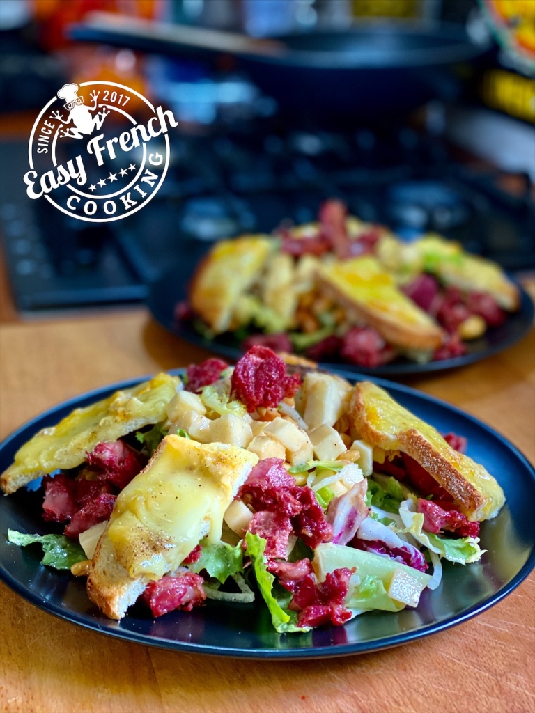 Cheesy toasts and confit gizzards salad.